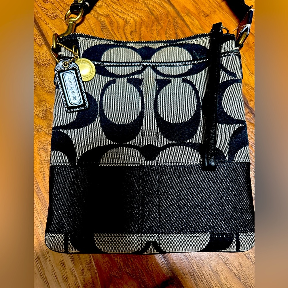 Coach Signature Logo Satin Stripe Swing Crossbody Bag Adjustable Strap - Black